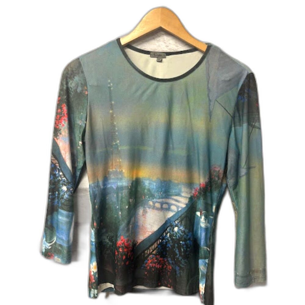 Caia y2k All over Print Paris Shirt Tee sz S 3/4 sleeve Artsy Grunge France